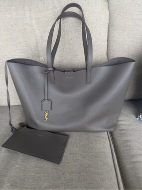 Saint Laurent Grey Leather Tote with Gold YSL Charm